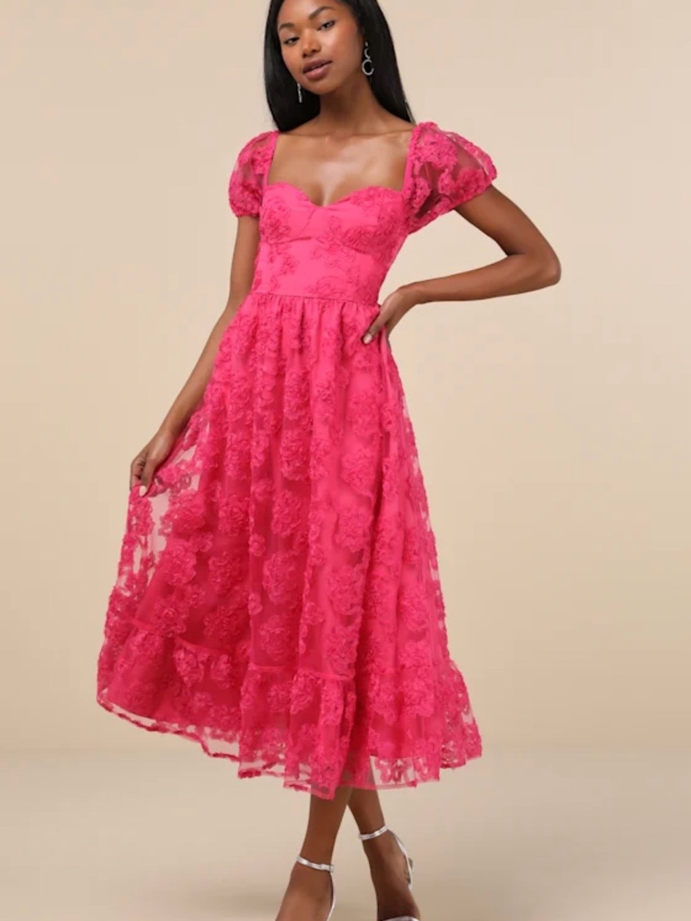 Lulu's Fuchsia Lace Midi Dress with Puff Sleeves